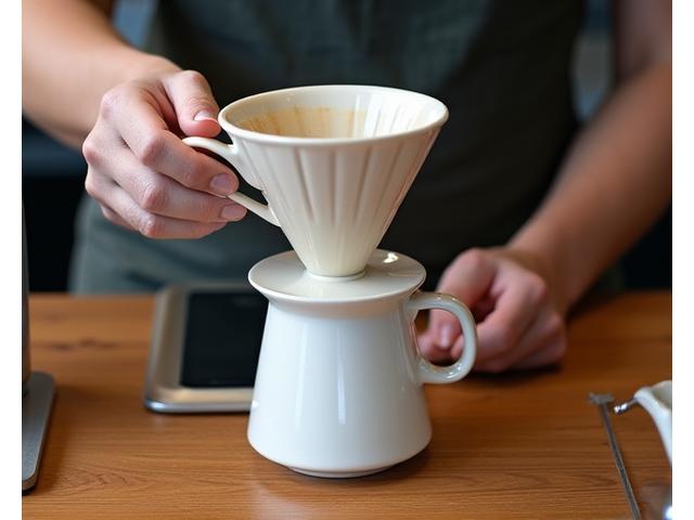 A person demonstrating pour-over coffee brewing technique with a kettle and a cup.